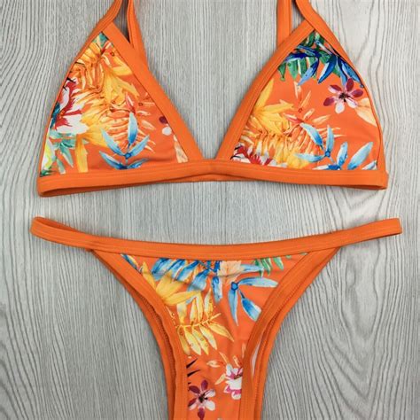 women s sexy print halter orange triangle brazilian bathing beachwear