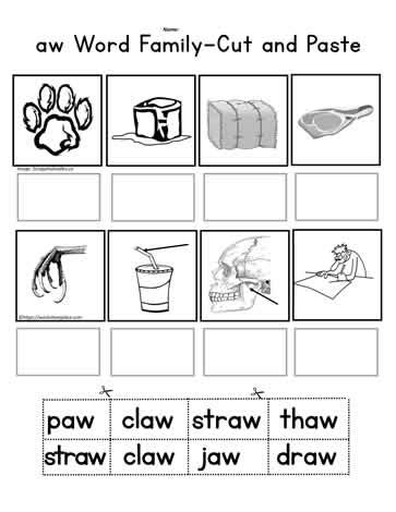 aw word family cut  paste worksheets