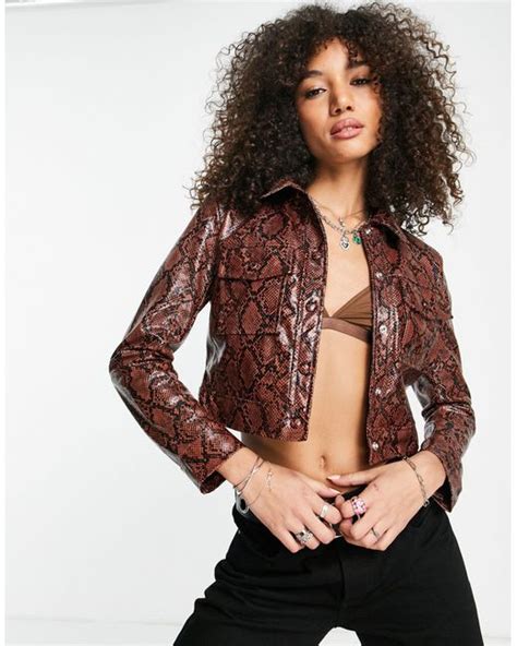 bershka faux leather snake effect  ord jacket  brown lyst canada