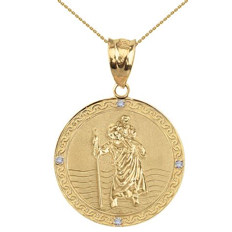 solid yellow gold saint christopher medallion circle pendant necklace