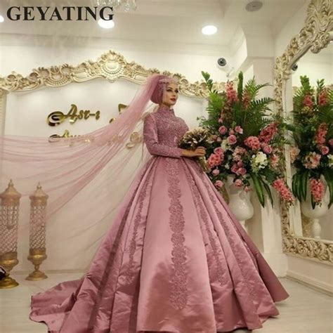 Dust Pink Islamic Muslim Arabian Wedding Dress With Long Sleeves High