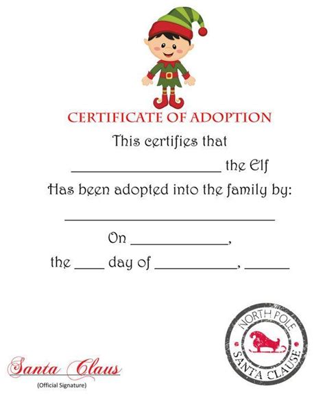 adoption certificate elf  shelf names elf adoption certificate