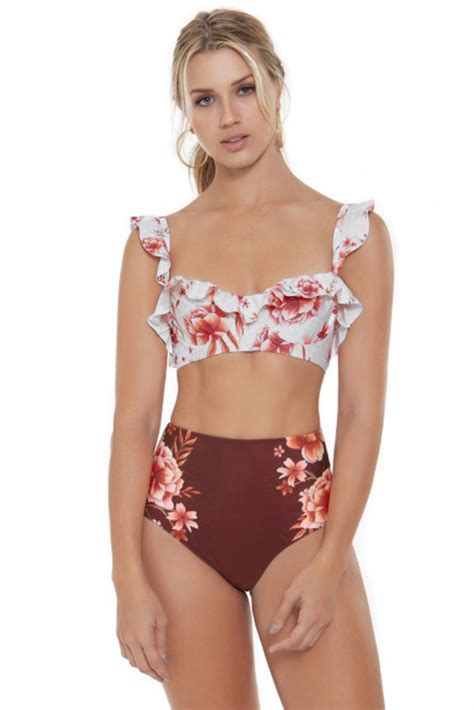 us 9 95 red floral high waist ruffle underwire bikini swimsuit wholesale