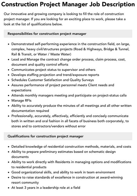 Construction Project Manager Job Description Velvet Jobs