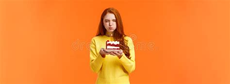 Cute And Silly Lovely Redhead B Day Girl Close Eyes Holding Birthday