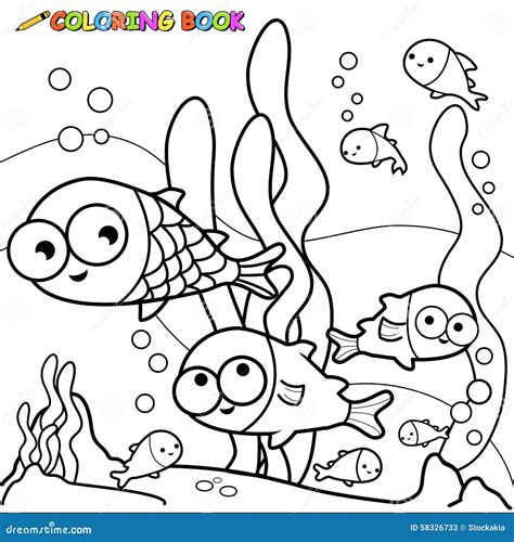 fish swimming underwater vector black  white coloring page stock