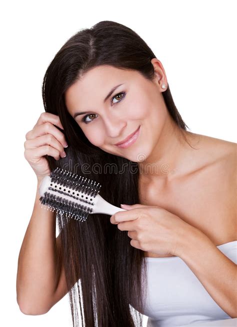woman brushing her black long hair stock image image of