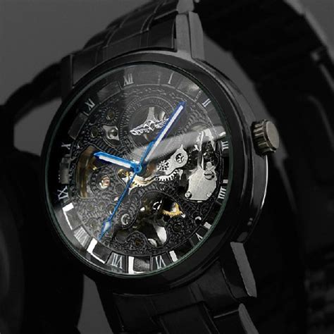 buy classic black steel automatic mechanical skeleton  men clock gift