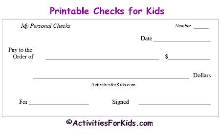 printable blank checks check register  kids cheques