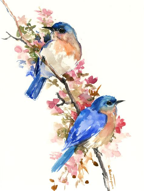 bluebirds  spring artwork original painting watercolor etsy