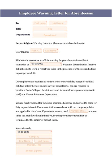 employee warning letter template  absenteeism sign templates jotform