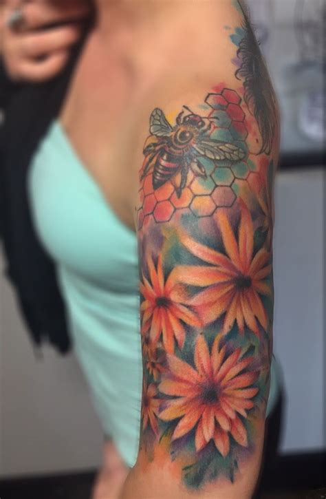 Watercolor Style Tattoo Half Sleeve Flowers Bee Feather