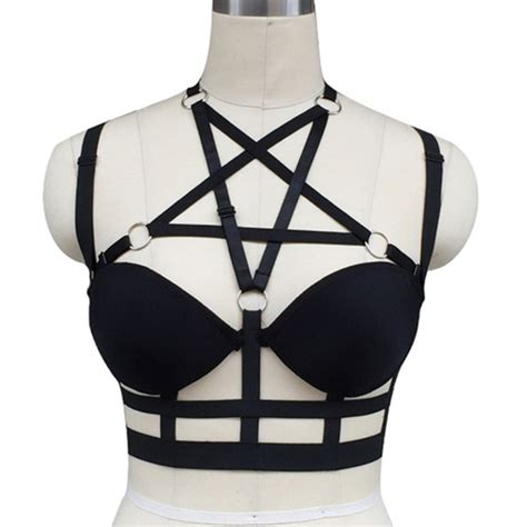 cage bra pentagram harness bra black elastic strappy adjust bondage