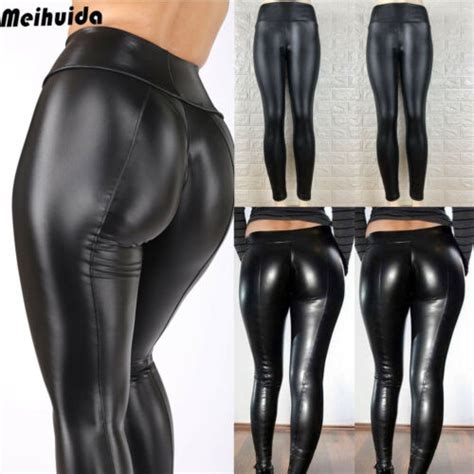women black wet look faux leather moto pu high waist