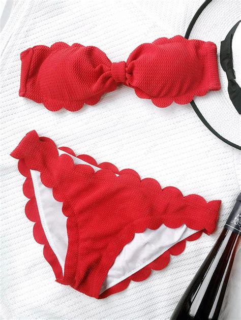 [14 Off] 2021 Scalloped Hem Bandeau Bikini Set In Red Zaful