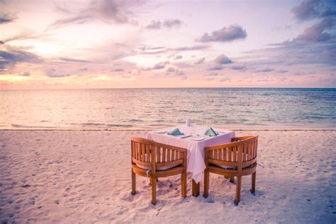 Romantic Beach Dinner Table For Two Idyllic Sunset Tropical Resort