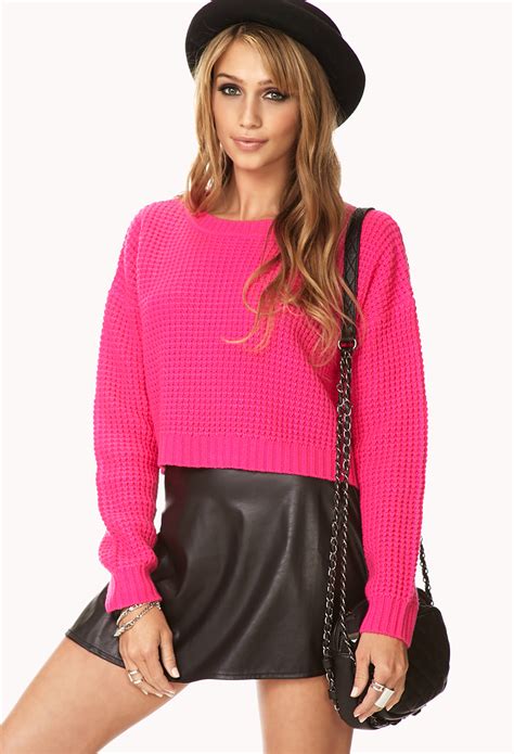 Forever 21 Cropped Waffle Knit Sweater In Pink Hot Pink