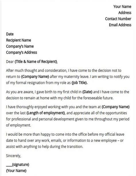 notice letter  maternity leave sample resignation letter