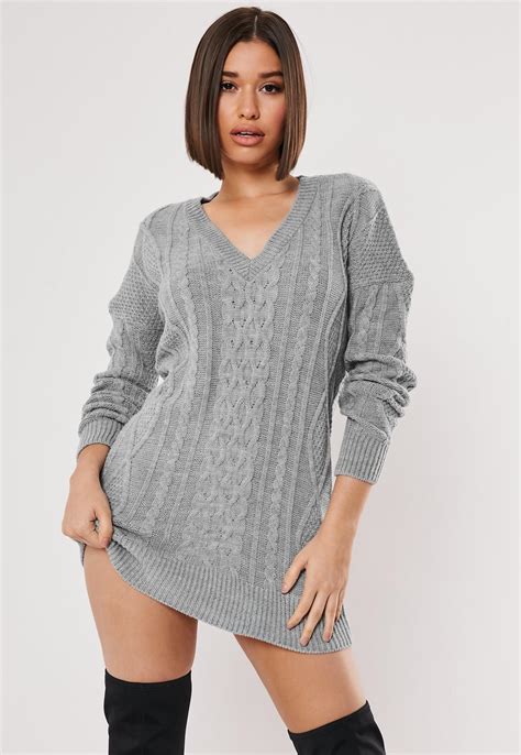 grey v neck cable knitted jumper dress missguided