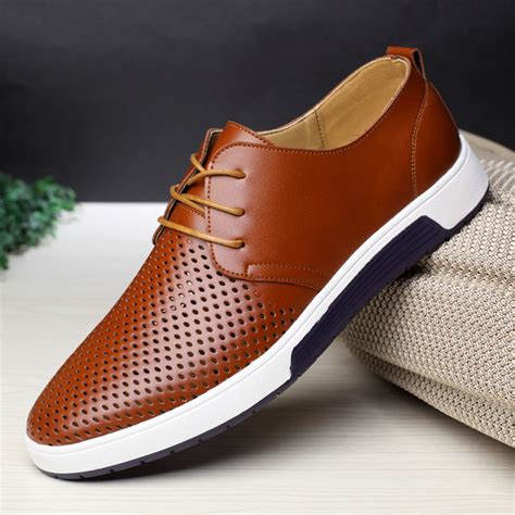 merkmak   men casual shoes leather summer breathable holes luxury brand flat shoes