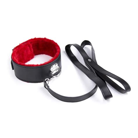 Women Slave Red Plush Neck Collars Faux Leather Bondage Beltandfetish