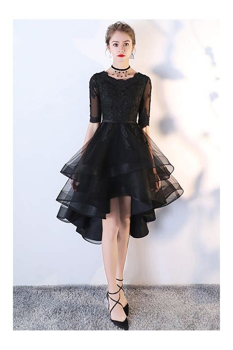 black tulle homecoming prom dress with lace sleeves 65 86 mxl86007