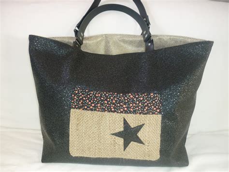 sac cabas toile jute reversible etoile simili noir  anses en cuir rivetees