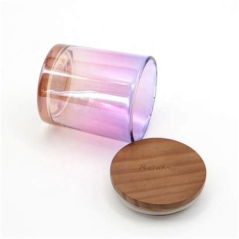 New Product Iridescent Round Glass Candle Jar With Wood Lid High