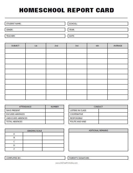 homeschool report card  printable