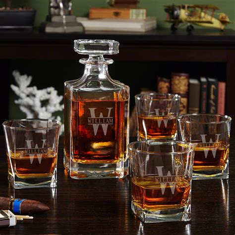 oakmont etched whiskey decanter set  square rocks glasses