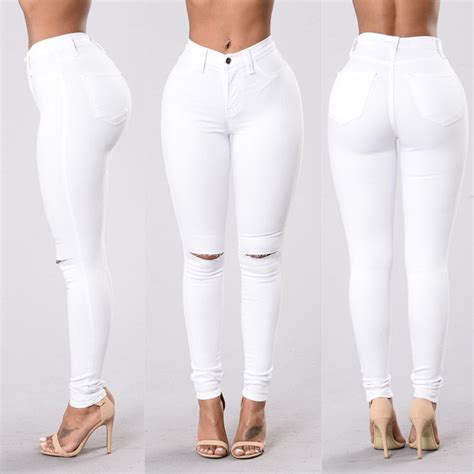 high waist white skinny jeans women slim ripped denim jeans loving