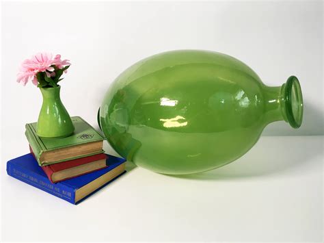 Vintage Art Glass Vase Green Large Bulbous Oval Floor Vase Tall