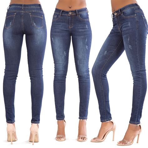 womens ladies high waisted blue skinny fit jeans stretch denim jegging