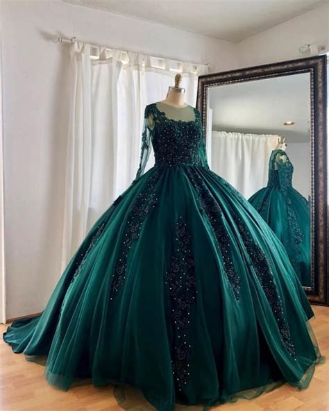 dark green quinceanera dresses  green ball gown long sleeve ball gowns gowns