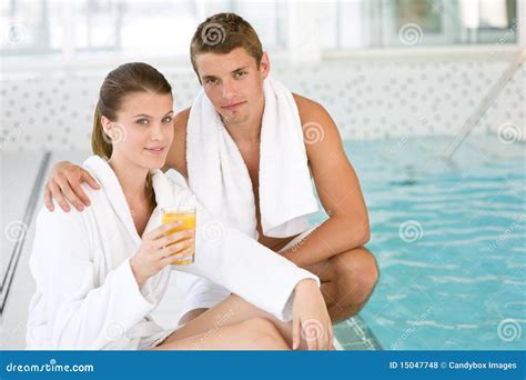 luxury spa young sportive couple relax  pool stock photo image