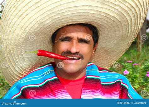 mexican man poncho sombrero eating red hot chili stock image image