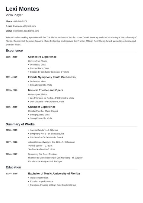 resume examples musicians college application