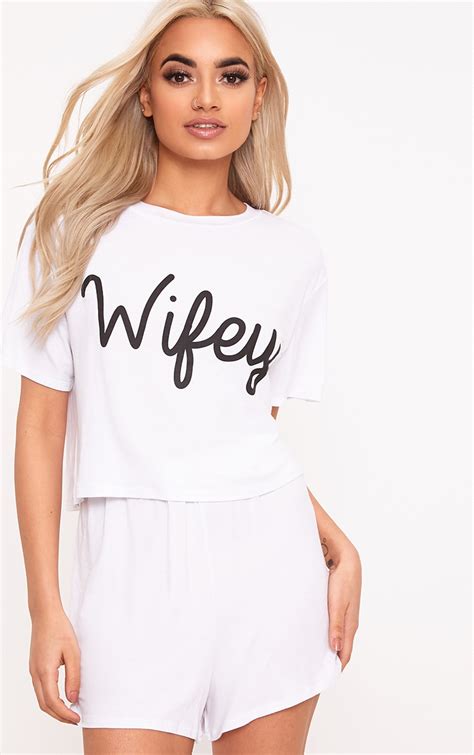white wifey pj set nightwear onesies prettylittlething