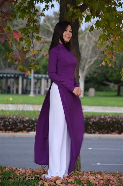 Purple White Vietnam Ao Dai Custom Made Silk Dress Satin