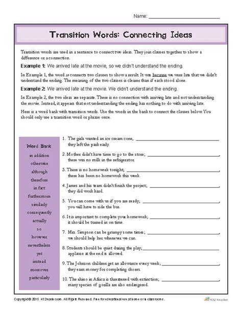 transition words worksheet connecting ideas transition words