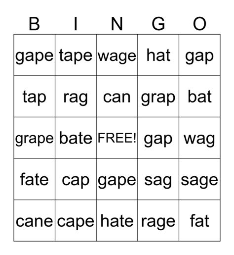 cvccvce words  vowel  bingo card