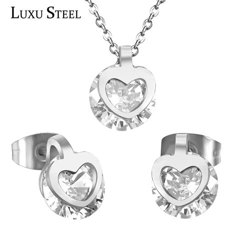 new 2016 stainless steel heart shape and round stone jewelry sets with