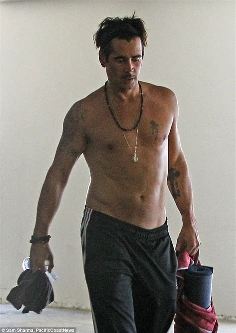 shirtless colin farrell displays his tattooed chest after yoga session