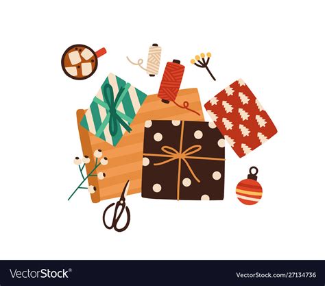 christmas presents wrapping process top view vector image