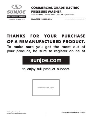 sunjoe spx pro rm commercial grade electric pressure washer user manual manualzz