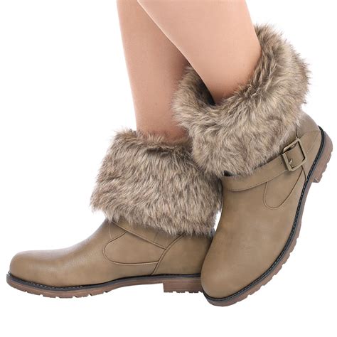 ladies womens faux fur lined collar buckle warm pull  winter ankle boots size ebay