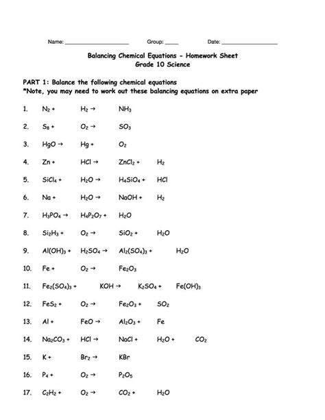 balancing chemical equations worksheet  answers grade