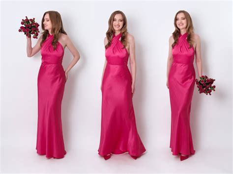 Hot Pink Silk Long Halter Dress Bridesmaid Dress Wedding Guest Dress