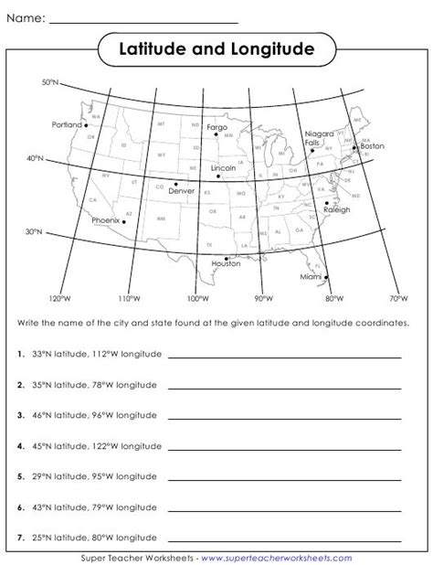 latitude  longitude worksheet  answers   map