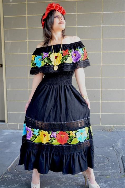 Multicolor Embroidered Off Shoulders Mexican Dress Black Lace Crochet